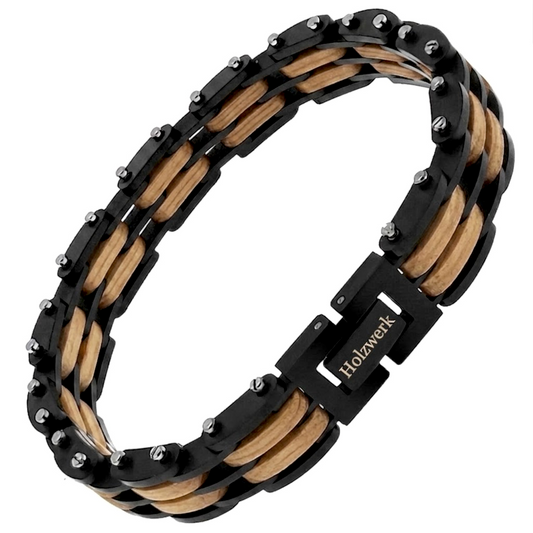 Holzwerk LUBOWSEE schwarz und beiges  Holz Armband aus Olivenholz und Edelstahl mit Gliederkonstruktion Frontansicht