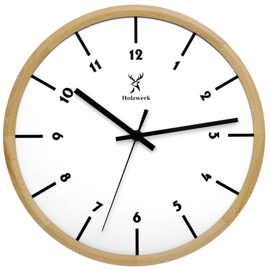 Holzwerk LÜNEBURG Holz Wanduhr groß, Wanduhr im skandinavischen Design, 32 cm Holz Quarz Wand-Uhr lautlos ohne Tick-Geräusche, beige, weiß, Hauptbild