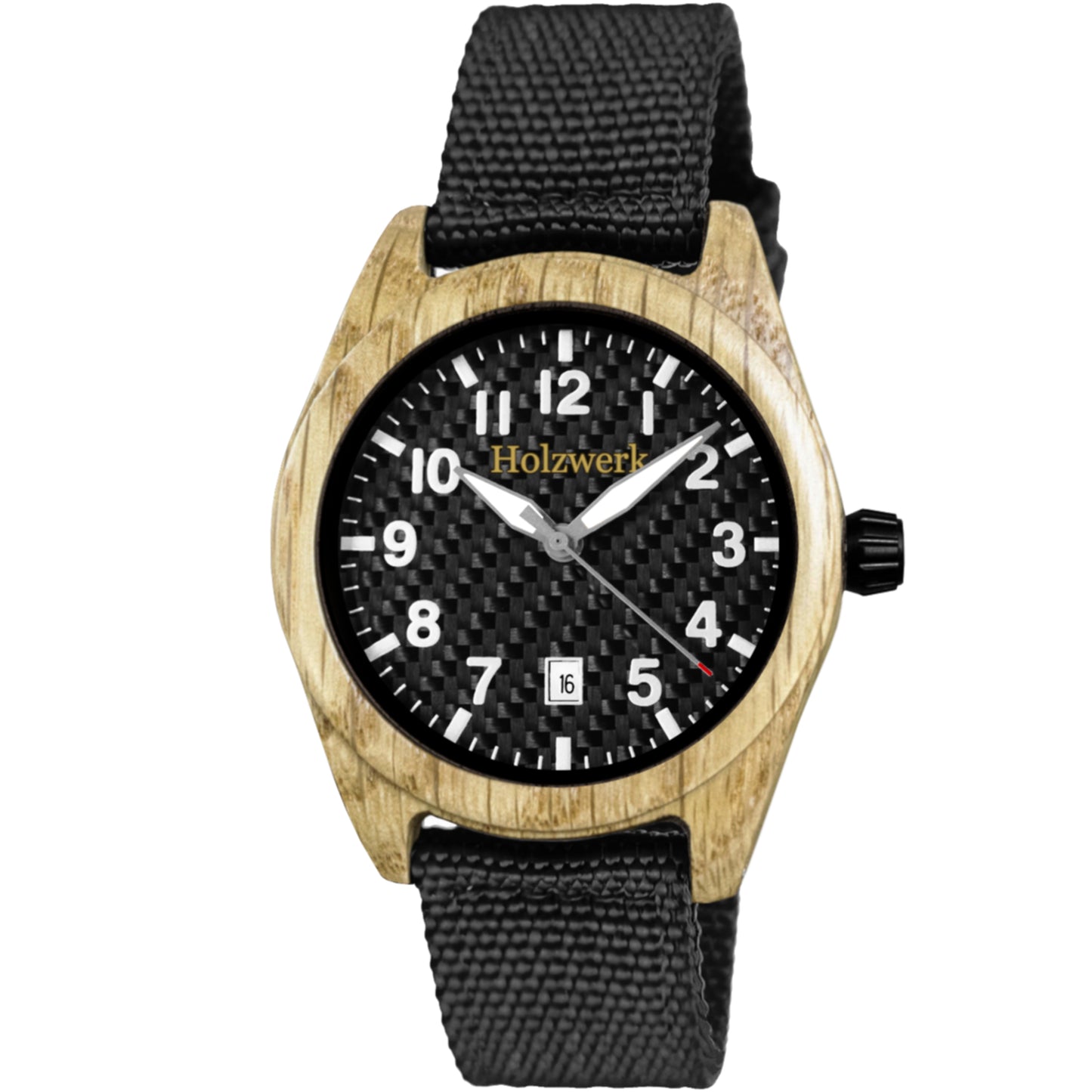 Holzwerk MAINAU Unisex Uhr aus Holz mit schwarzem Zifferblatt, Datumsanzeige und Textil-Nylonarmband, Frontansicht