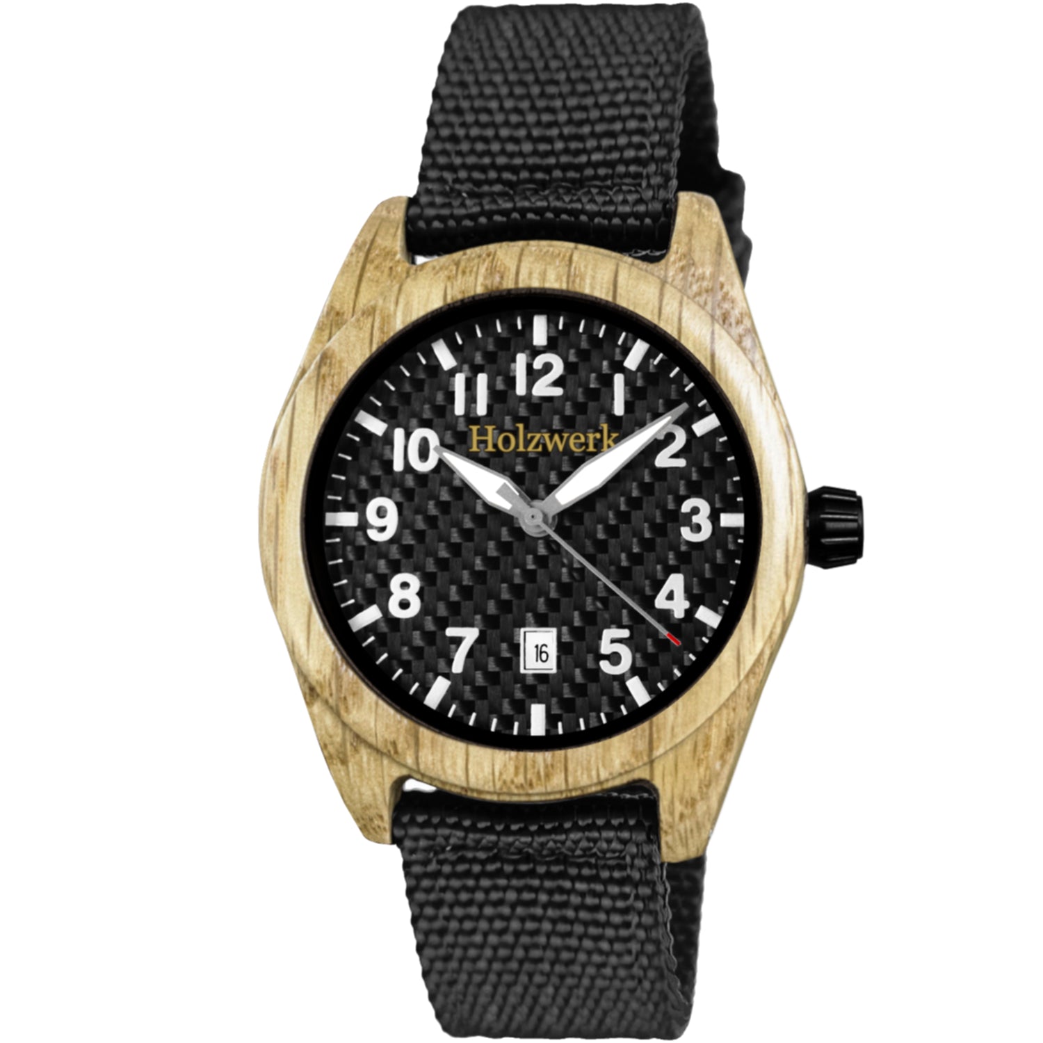 Holzwerk MAINAU Unisex Uhr aus Holz mit schwarzem Zifferblatt, Datumsanzeige und Textil-Nylonarmband, Frontansicht