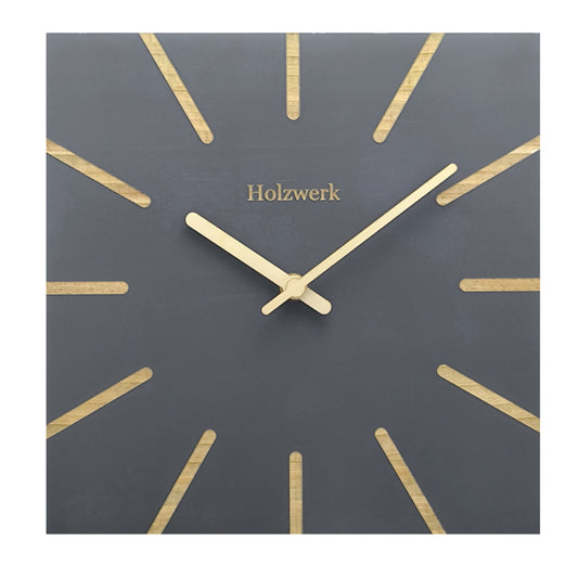 Holzwerk MAINBURG 25 cm Quarz-Wanduhr aus grauem Vollholz mit beige-grauem Zifferblatt und Holzzeigern, Frontansicht