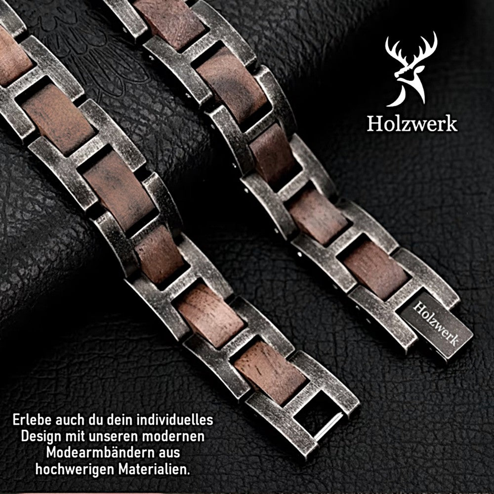 Holzwerk MASCHSEE braun-graues Holz Armband aus Walnussholz und Edelstahl mit Detailansicht der Gliederkonstruktion 