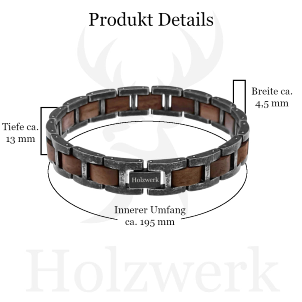 Holzwerk MASCHSEE braun-graues Holz Armband aus Walnussholz und Edelstahl mit Gliederkonstruktion mit Maßen 