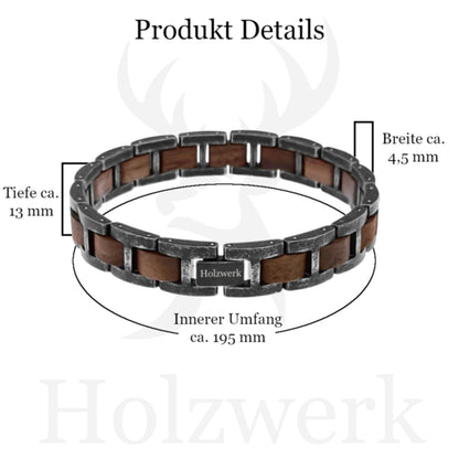 Holzwerk MASCHSEE braun-graues Holz Armband aus Walnussholz und Edelstahl mit Gliederkonstruktion mit Maßen 