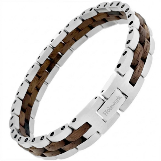 Holzwerk MELLENSEE silber-braunes  Holz Armband aus Walnussholz und Edelstahl mit Gliederkonstruktion Schrägansicht