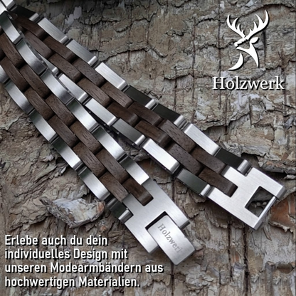 Holzwerk MELLENSEE silber-braunes  Holz Armband aus Walnussholz und Edelstahl, Detailaufnahme der Gliederkonstruktion