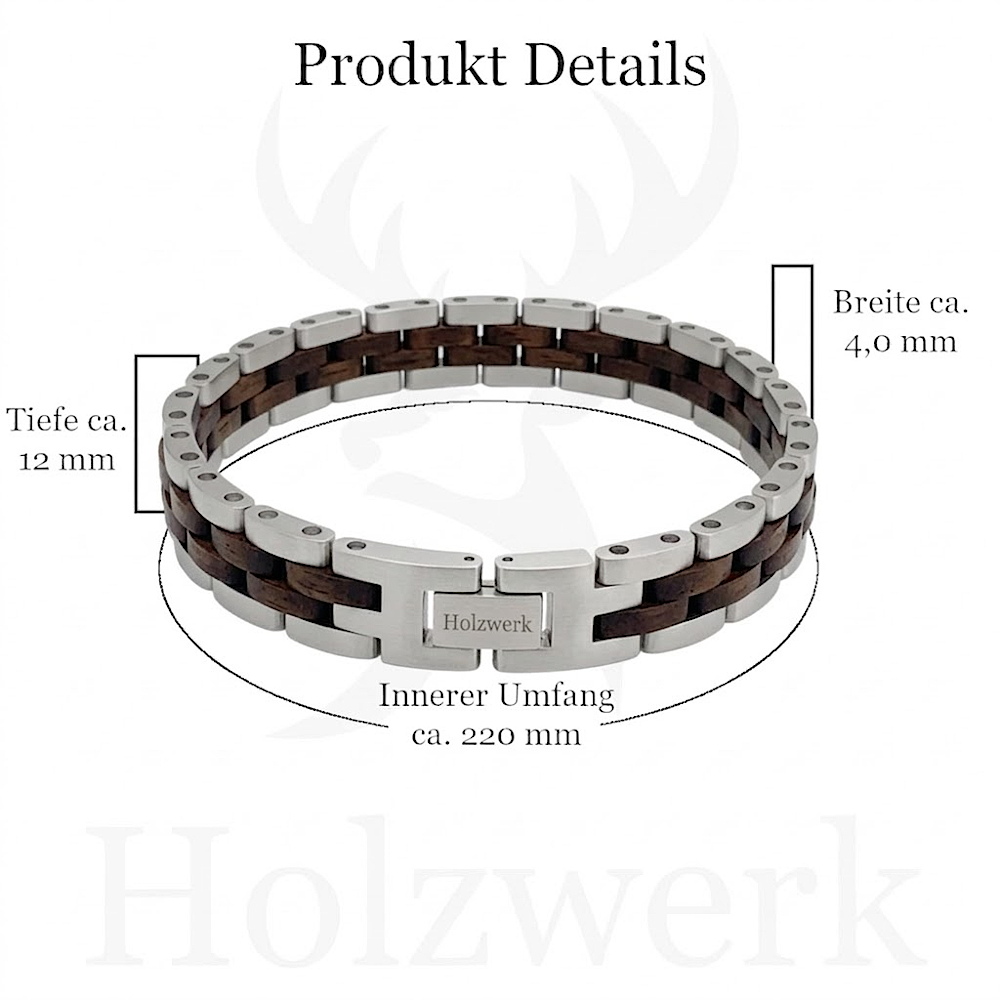 Holzwerk MELLENSEE silber-braunes  Holz Armband aus Walnussholz und Edelstahl mit Maßangaben