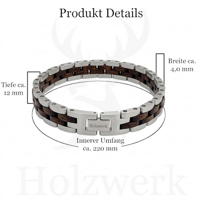 Holzwerk MELLENSEE silber-braunes  Holz Armband aus Walnussholz und Edelstahl mit Maßangaben