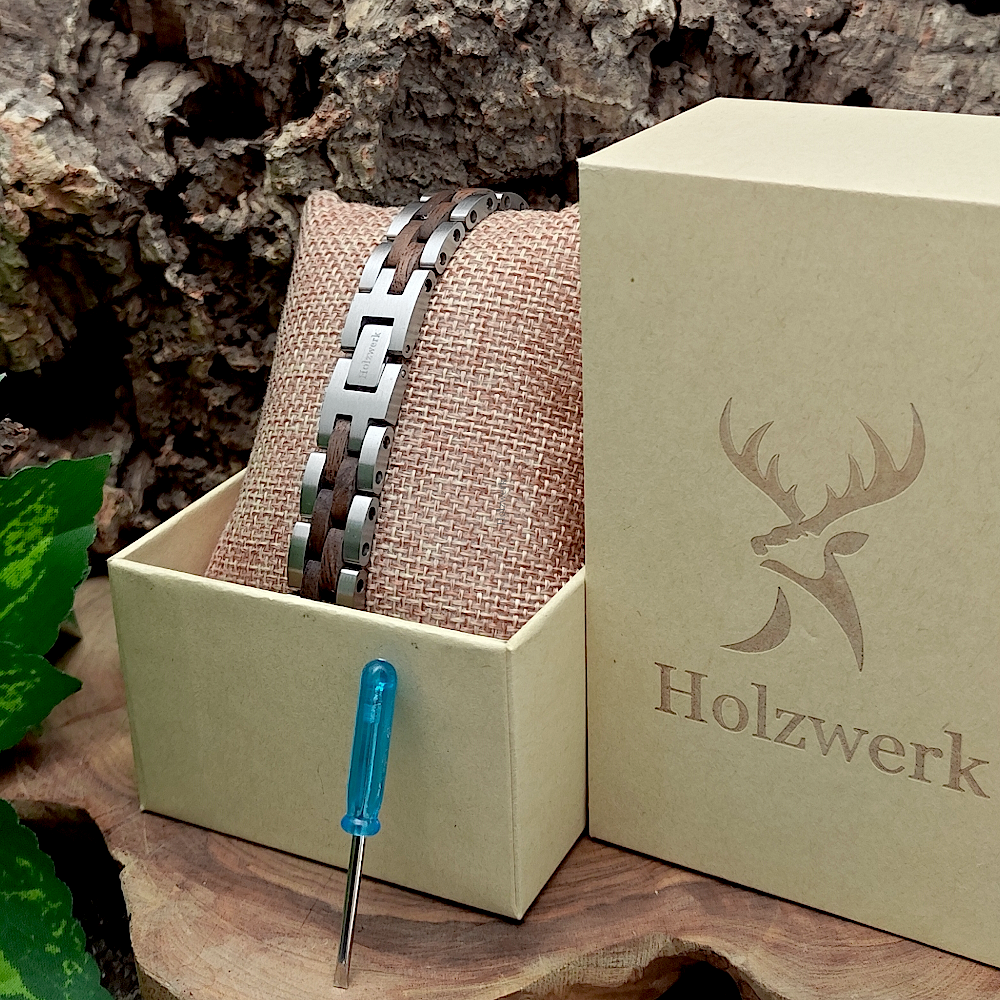 Holzwerk MELLENSEE silber-braunes  Holz Armband aus Walnussholz und Edelstahl in Holzwerk Uhrenbox