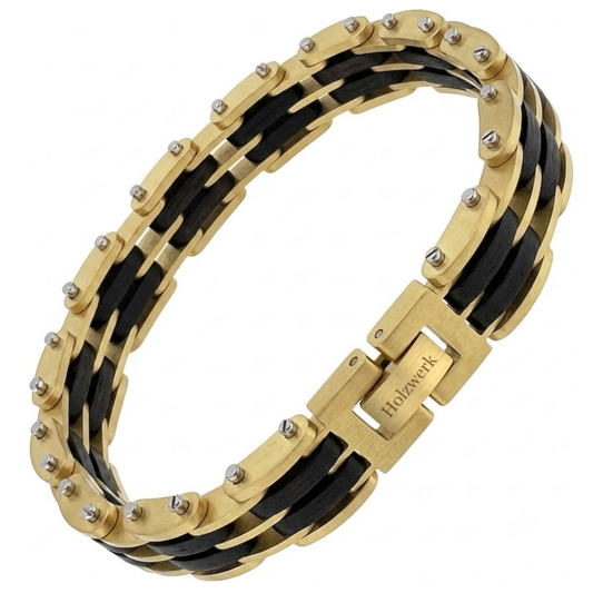 Holzwerk MICKOSEE gold-schwarzes Holz Armband aus Ebonyholz und Edelstahl mit Gliederkonstruktion, Frontansicht