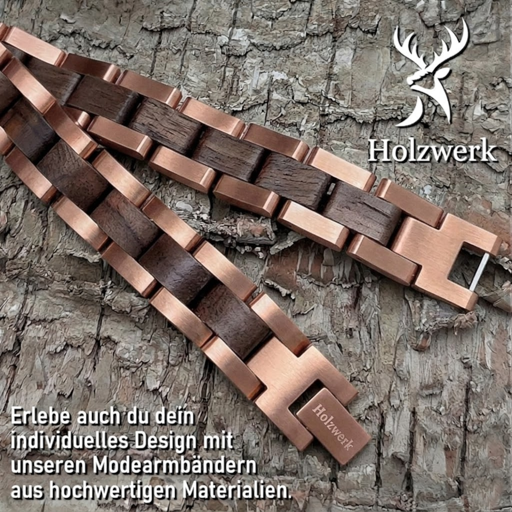 Holzwerk MILASEE roségold-braunes Holz Armband aus Walnussholz und Edelstahl, Detailansicht der Gliederkonstruktion