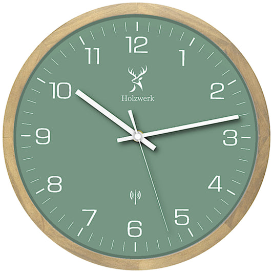 Holzwerk NAUMBURG 30 cm Funk-Wanduhr aus Vollholz mit grün-weißem Zifferblatt und modernem Design, Frontanansicht