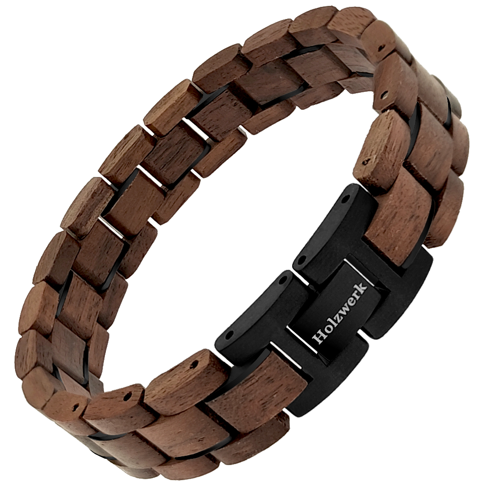 Holzwerk NEBELSEE braun-schwarzes Holz Armband aus Walnussholz und Edelstahl mit Gliederkonstruktion Schrägansicht front