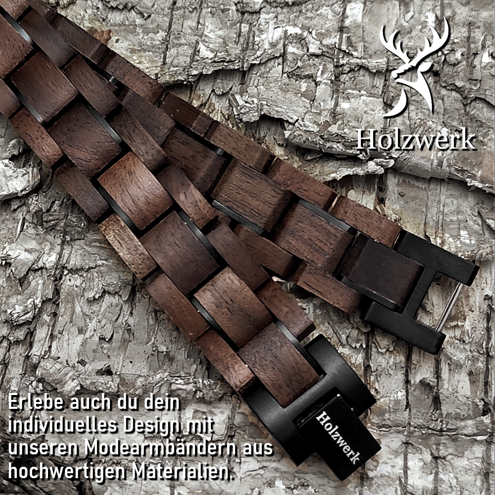 Holzwerk NEBELSEE braun-schwarzes Holz Armband aus Walnussholz und Edelstahl, Detailansicht der Gliederkonstruktion 