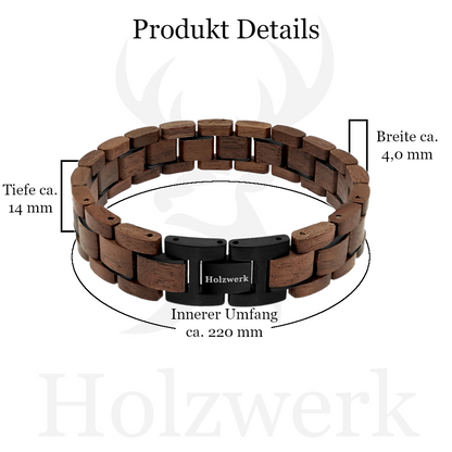Holzwerk NEBELSEE braun-schwarzes Holz Armband aus Walnussholz und Edelstahl mit Gliederkonstruktion mit Maßangaben