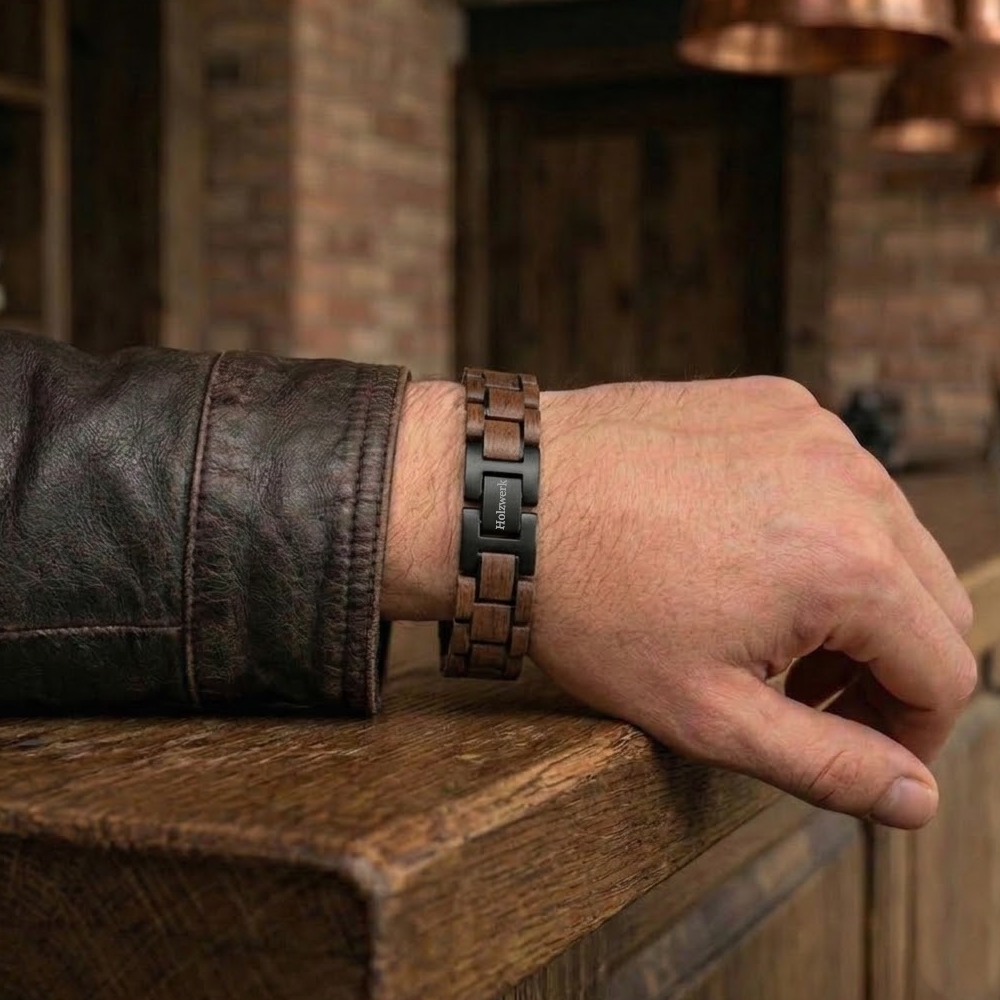 Holzwerk NEBELSEE braun-schwarzes Holz Armband aus Walnussholz und Edelstahl mit Gliederkonstruktion am Handgelenk getragen