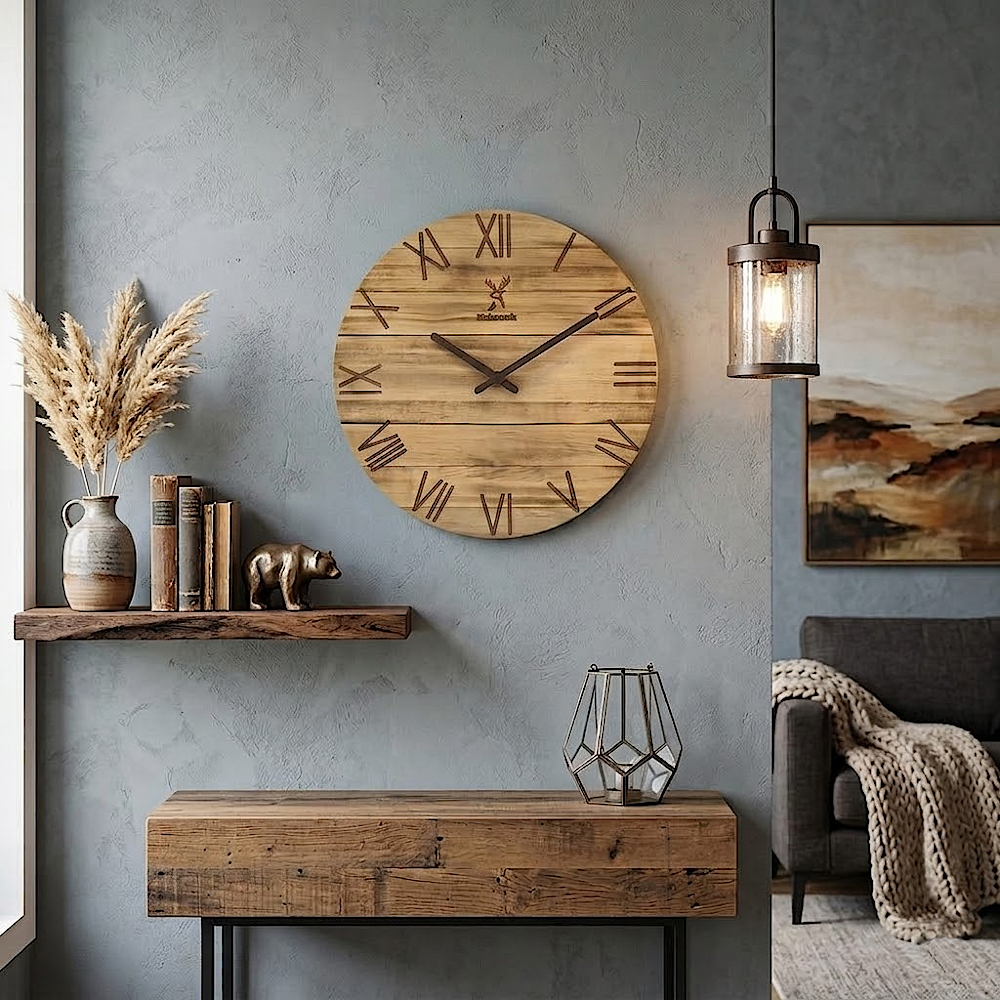 Holzwerk NEUBURG 35 cm moderne Holz-Quarz Wanduhr in beige und braun aus Vollholz mit römischen Ziffern andere Wand