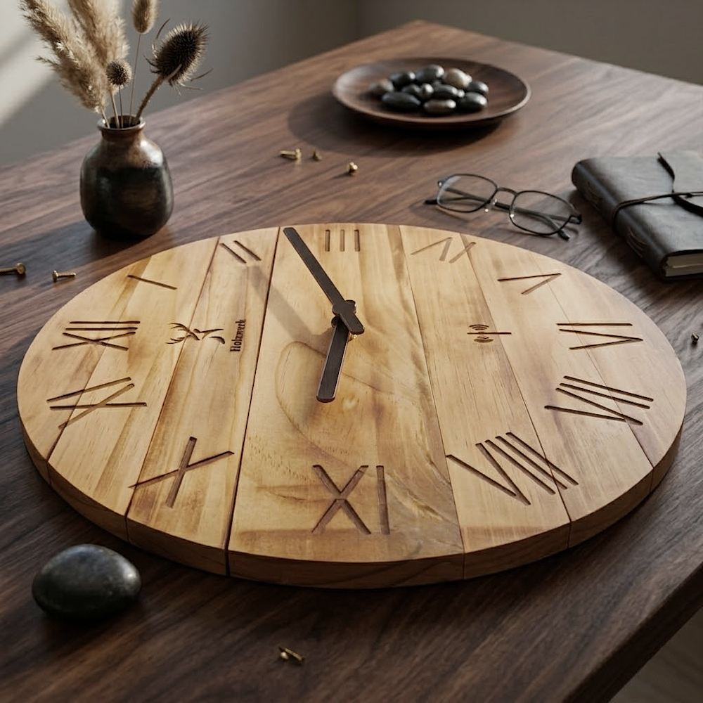 Holzwerk NEUBURG (FUNK) 35 cm moderne Holz-Funk Wanduhr in beige und braun aus Vollholz mit römischen Ziffern als Seitenansicht links
