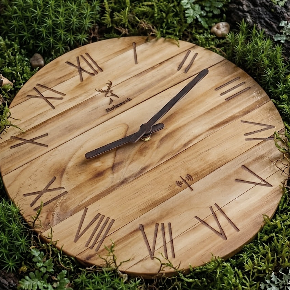 Holzwerk NEUBURG (FUNK) 35 cm moderne Holz-Funk Wanduhr in beige und braun aus Vollholz mit römischen Ziffern, frontales Lifestyle Foto