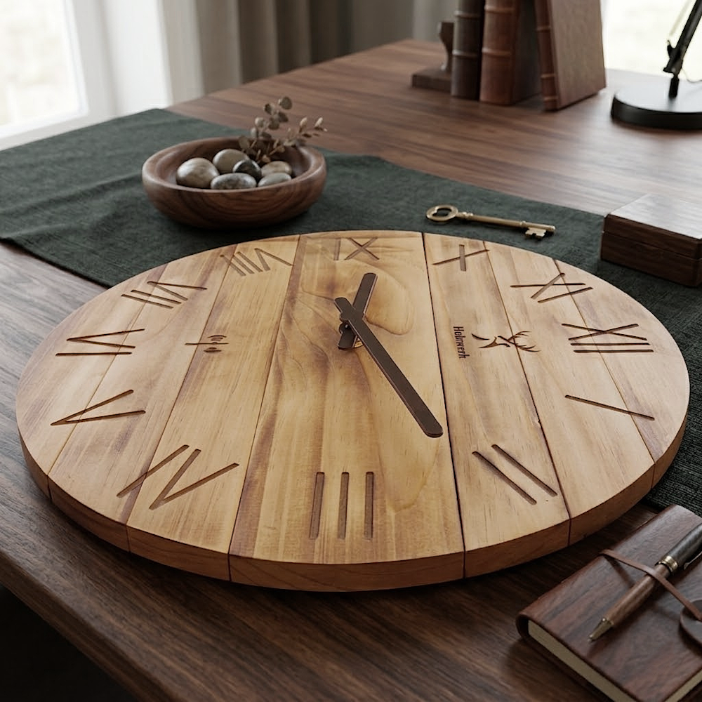 Holzwerk NEUBURG (FUNK) 35 cm moderne Holz-Funk Wanduhr in beige und braun aus Vollholz mit römischen Ziffern als Seitenansicht rechts