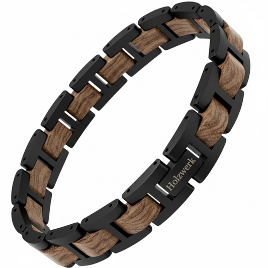 Holzwerk NIERSEE braun-schwarzes  Holz Armband aus Zebraholz und Edelstahl mit Gliederkonstruktion Frontansicht