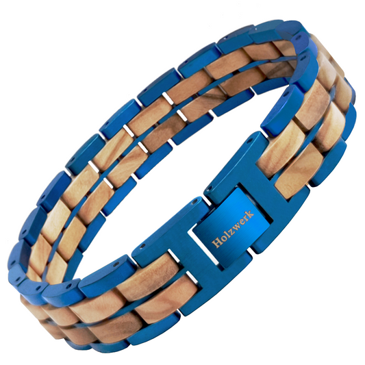 Holzwerk OBERSEE blau-beiges Holz-Armband aus Olivenholz und Edelstahl mit Gliederkonstruktion, Frontansicht