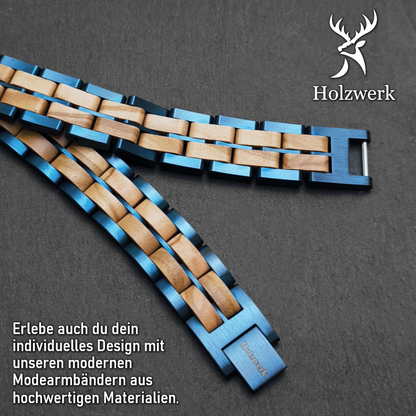 Holzwerk OBERSEE blau-beiges Holz-Armband aus Olivenholz und Edelstahl mit Gliederkonstruktion, Detailansicht der Glieder