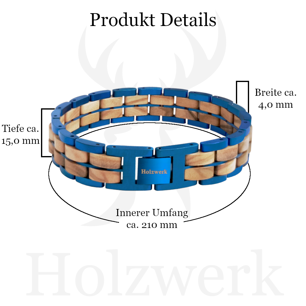 Holzwerk OBERSEE blau-beiges Holz-Armband aus Olivenholz und Edelstahl mit Gliederkonstruktion mit Maßangaben