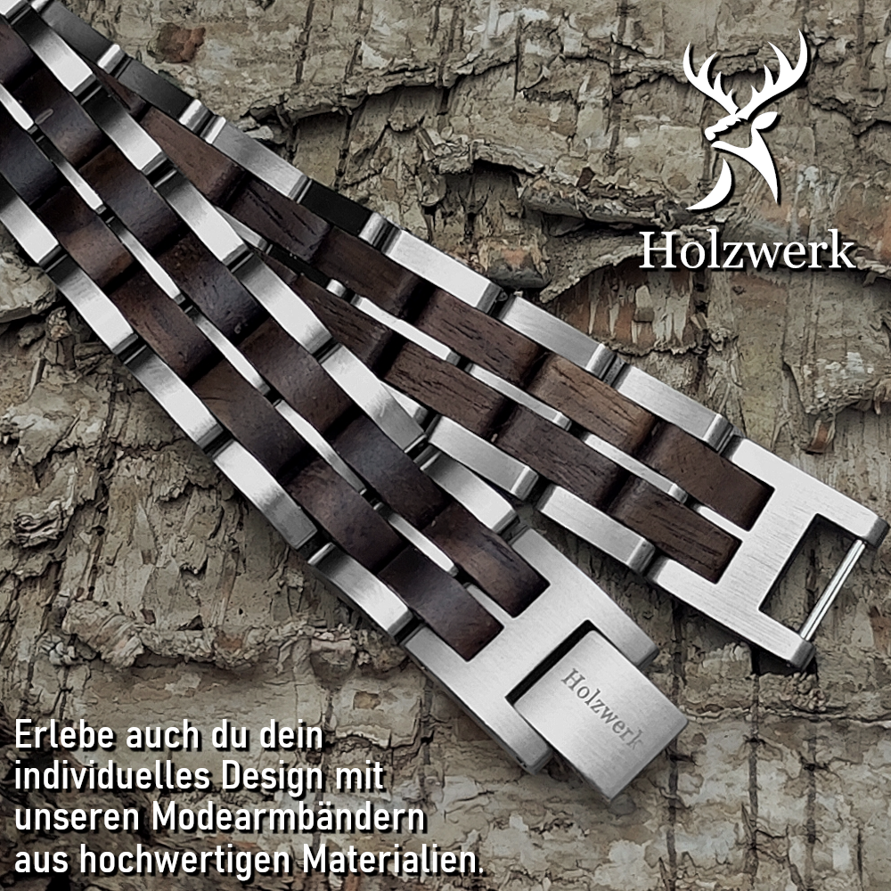 Holzwerk ORTHSEE silber-braunes  Holz Armband aus Walnussholz und Edelstahl, Detailansicht der Gliederkonstruktion
