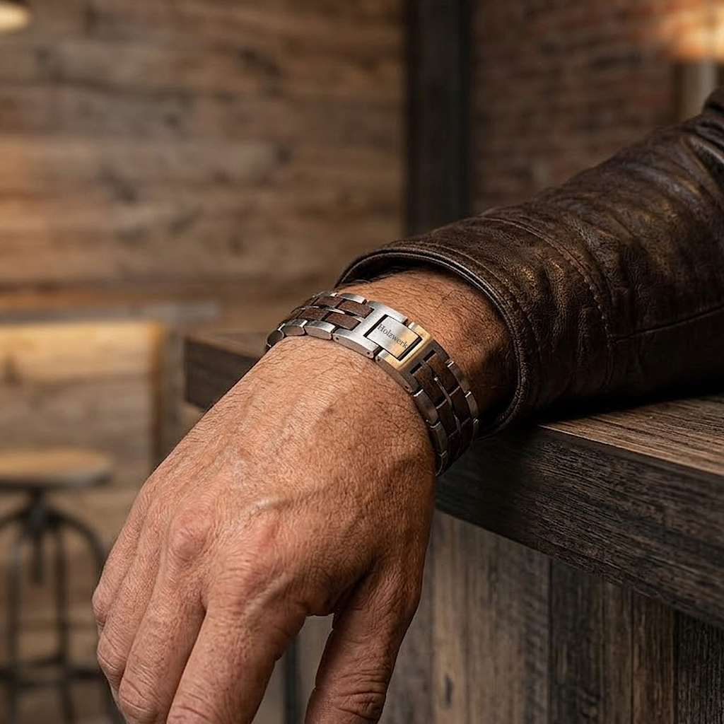 Holzwerk ORTHSEE silber-braunes  Holz Armband aus Walnussholz und Edelstahl mit Gliederkonstruktion am Handgelenk getragen