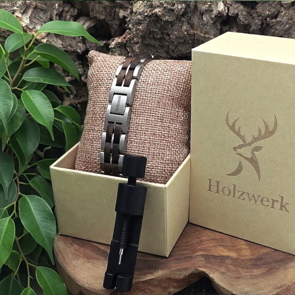 Holzwerk ORTHSEE silber-braunes  Holz Armband aus Walnussholz und Edelstahl mit Gliederkonstruktion in Holzwerk Uhrenbox