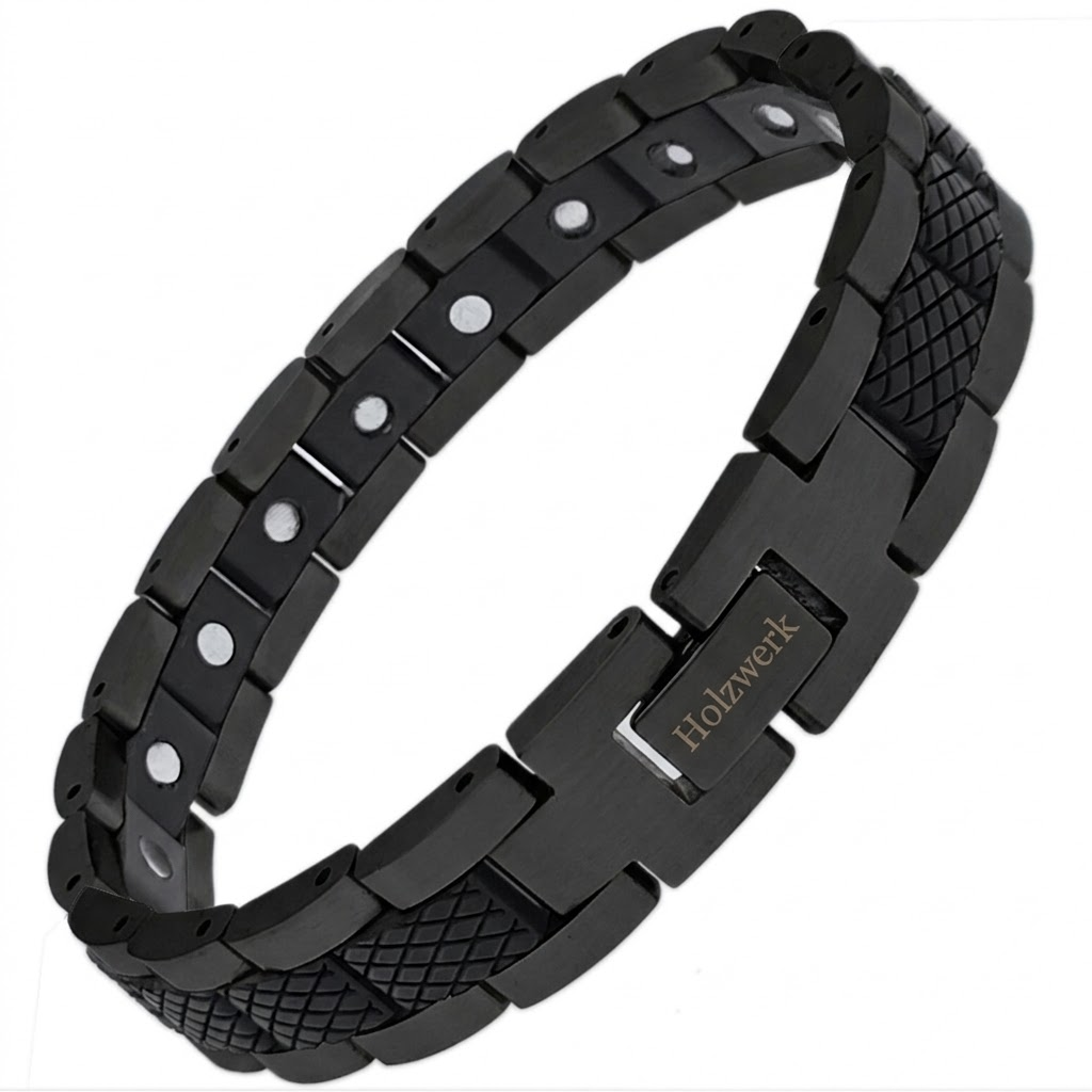 Holzwerk PARKSEE schwarzes Magnet Armband aus Ebonyholz und Edelstahl mit Gliederkonstruktion Schrägansicht