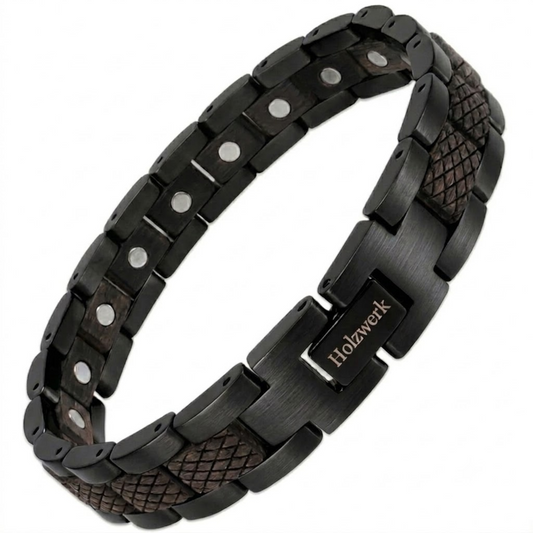 Holzwerk PARKSEE schwarzes Magnet Armband aus Ebonyholz und Edelstahl mit Gliederkonstruktion Schrägansicht