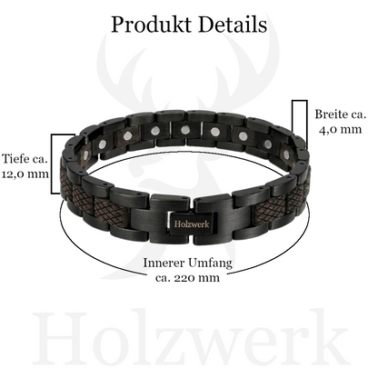 Holzwerk PARKSEE schwarzes Magnet Armband aus Ebonyholz und Edelstahl mit Maßangaben