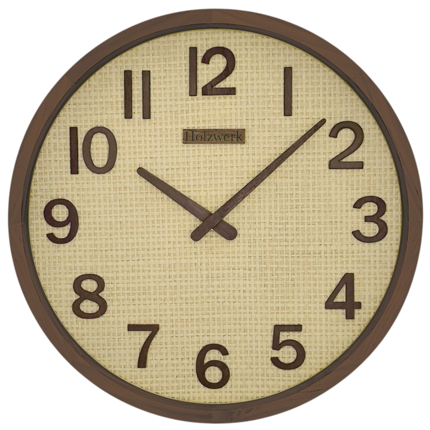 Holzwerk PENZBERG 30 cm Quarz-Wanduhr mit Rattan-Design, beigem Zifferblatt und braunen Zeigern, Frontanansicht