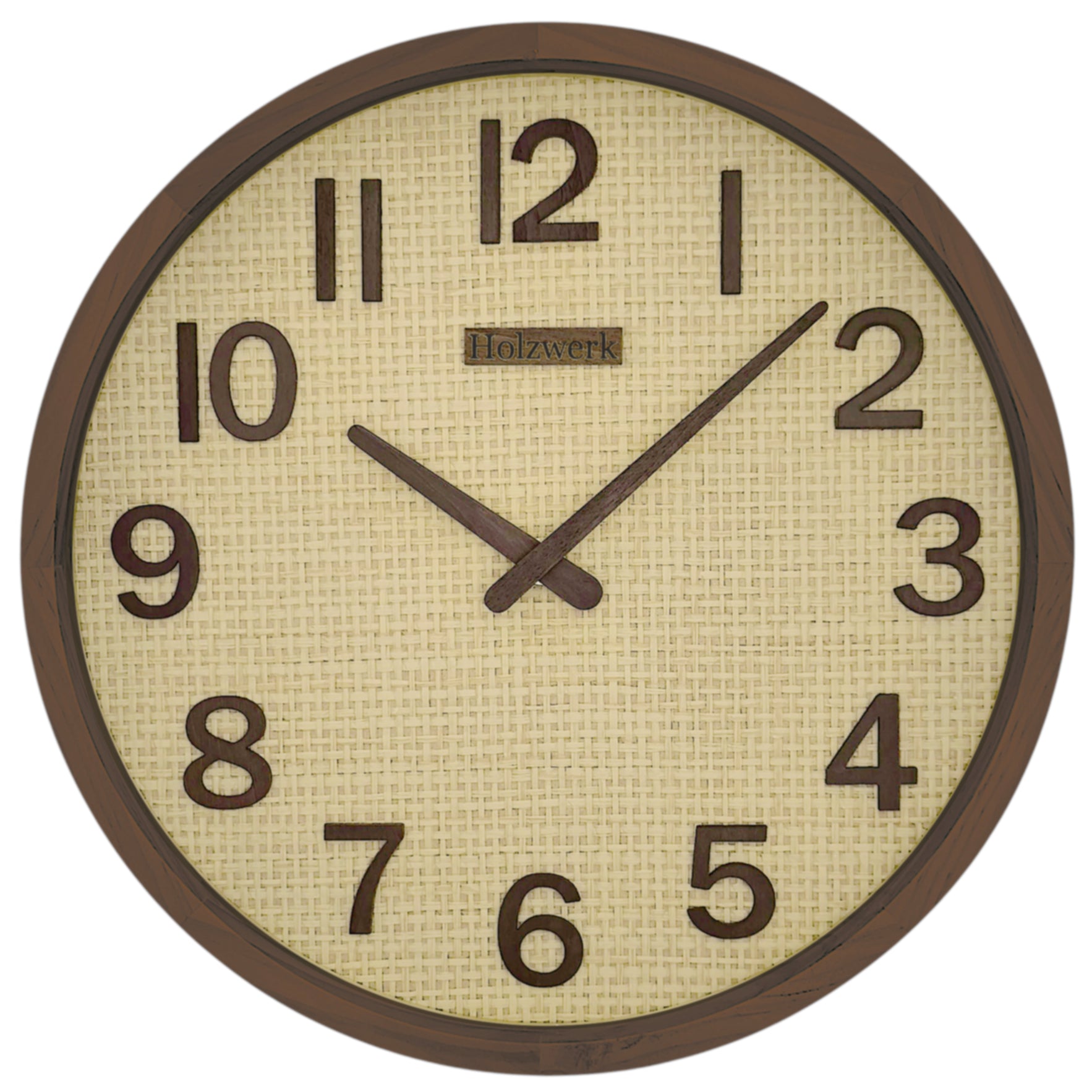 Holzwerk PENZBERG 30 cm Quarz-Wanduhr mit Rattan-Design, beigem Zifferblatt und braunen Zeigern, Frontanansicht