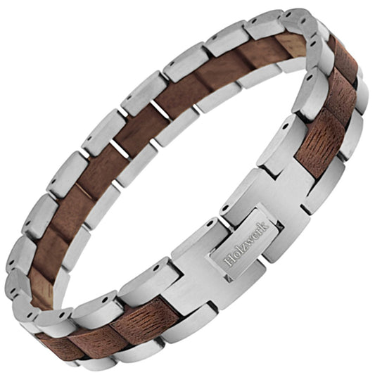 Holzwerk PINNSEE Armband aus Walnussholz und Edelstahl in Silber und Braun mit Gliederdesign und Klappverschluss, Frontal
