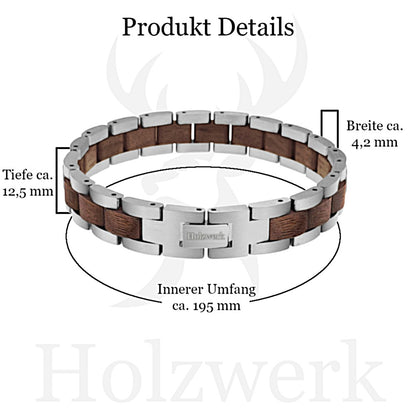 Holzwerk PINNSEE Armband aus Walnussholz und Edelstahl in Silber und Braun mit Gliederdesign mit Maßen