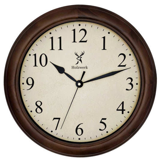 Holzwerk RADEBURG 35 cm Retro Quarz-Wanduhr mit Frontansicht und metallischen Zeigern
