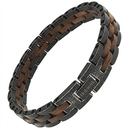 Holzwerk RAGUNSEE grau-braunes  Holz Armband aus Walnussholz und Edelstahl mit Gliederkonstruktion Schrägansicht