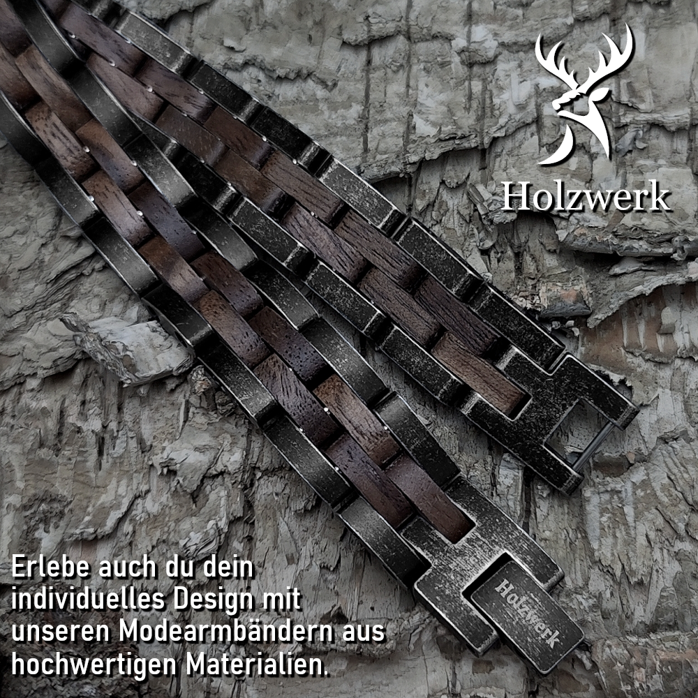 Holzwerk RAGUNSEE grau-braunes  Holz Armband aus Walnussholz und Edelstahl mit Gliederkonstruktion, Detailansicht des Armbands