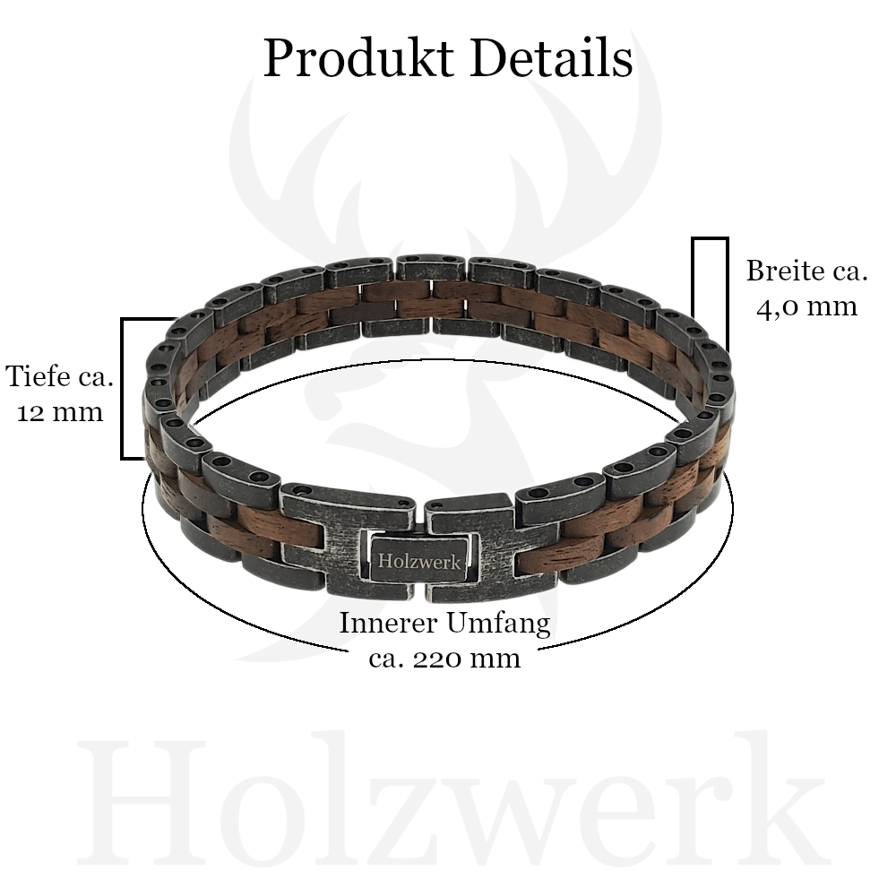 Holzwerk RAGUNSEE grau-braunes  Holz Armband aus Walnussholz und Edelstahl mit Gliederkonstruktion mit Maßangaben