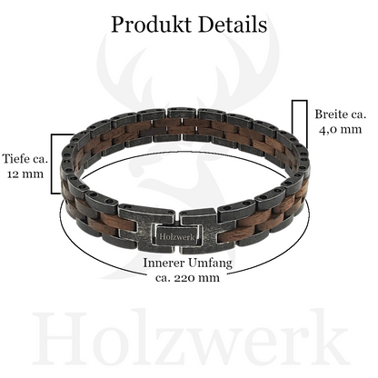 Holzwerk RAGUNSEE grau-braunes  Holz Armband aus Walnussholz und Edelstahl mit Gliederkonstruktion mit Maßangaben