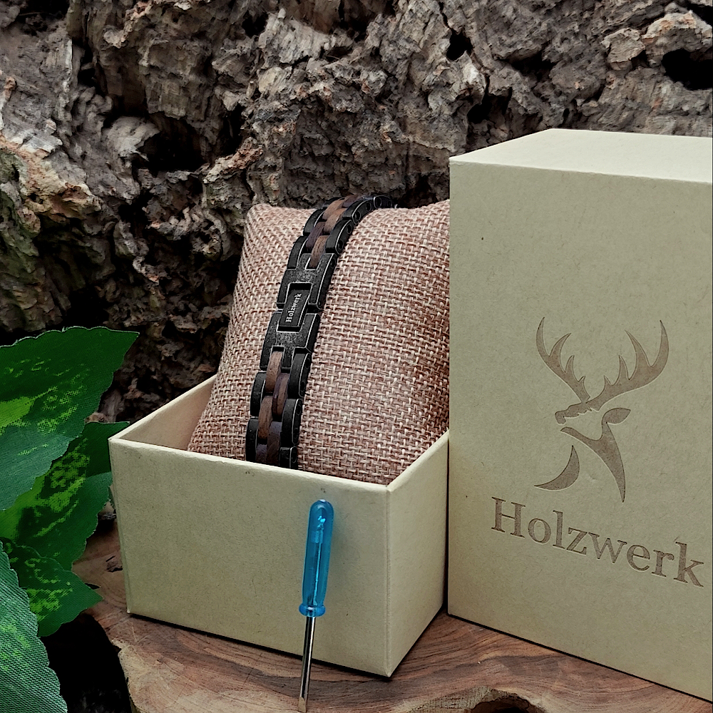 Holzwerk RAGUNSEE grau-braunes  Holz Armband aus Walnussholz und Edelstahl mit Gliederkonstruktion in Holzwerk Uhrenbox
