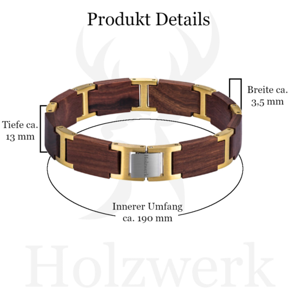 Holzwerk RIEDSEE Armband aus Sandelholz und Edelstahl in Braun und Silber mit Maßangaben