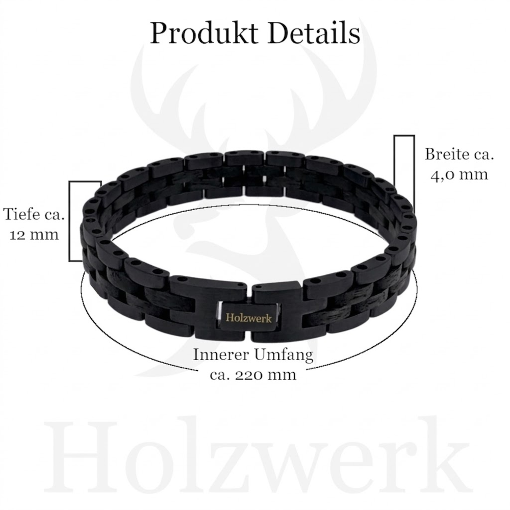 Holzwerk RIEGSEE Damen und Herren Holz & Edelstahl Armband aus Ebonyholz  in schwarz mit Maßangaben