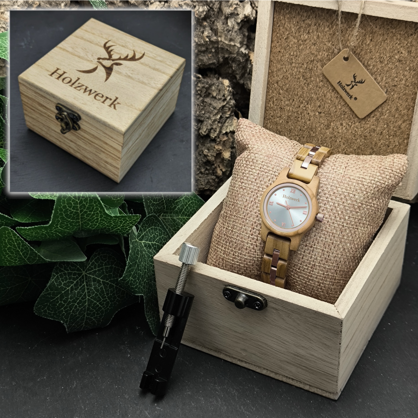 Holzwerk ROSENHEIM Damen Armbanduhr aus Olivenholz mit silber-roségoldenem Zifferblatt in Holzwerk Verpackungsbox
