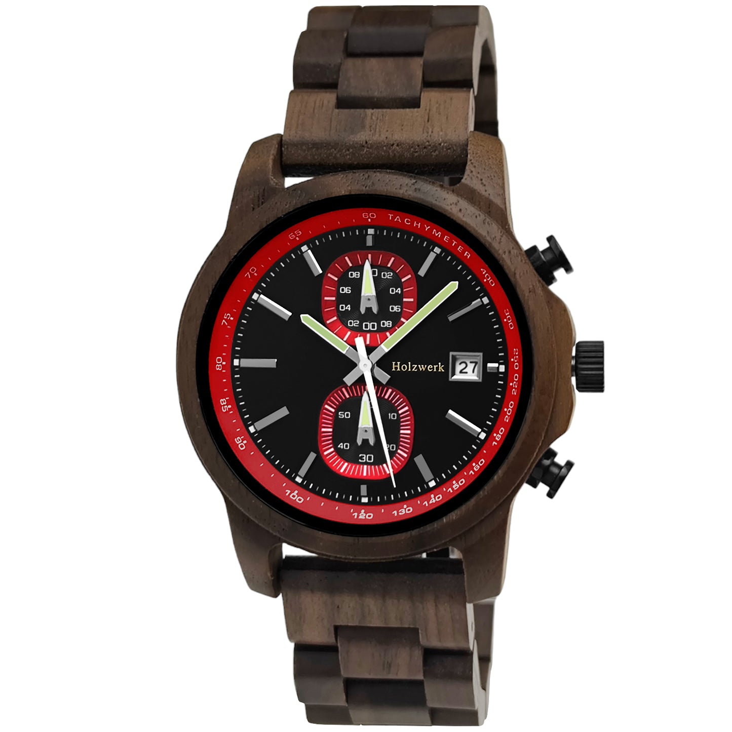 Holzwerk ROTENBURG Holz Uhr Chronograph mit Datum, schwarz, rot, Hauptbild