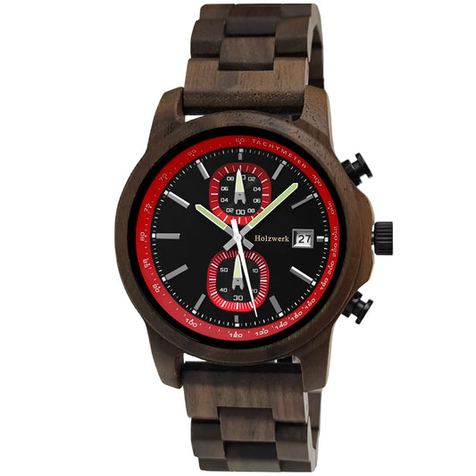 Holzwerk ROTENBURG Holz Uhr Chronograph mit Datum, schwarz, rot, Hauptbild