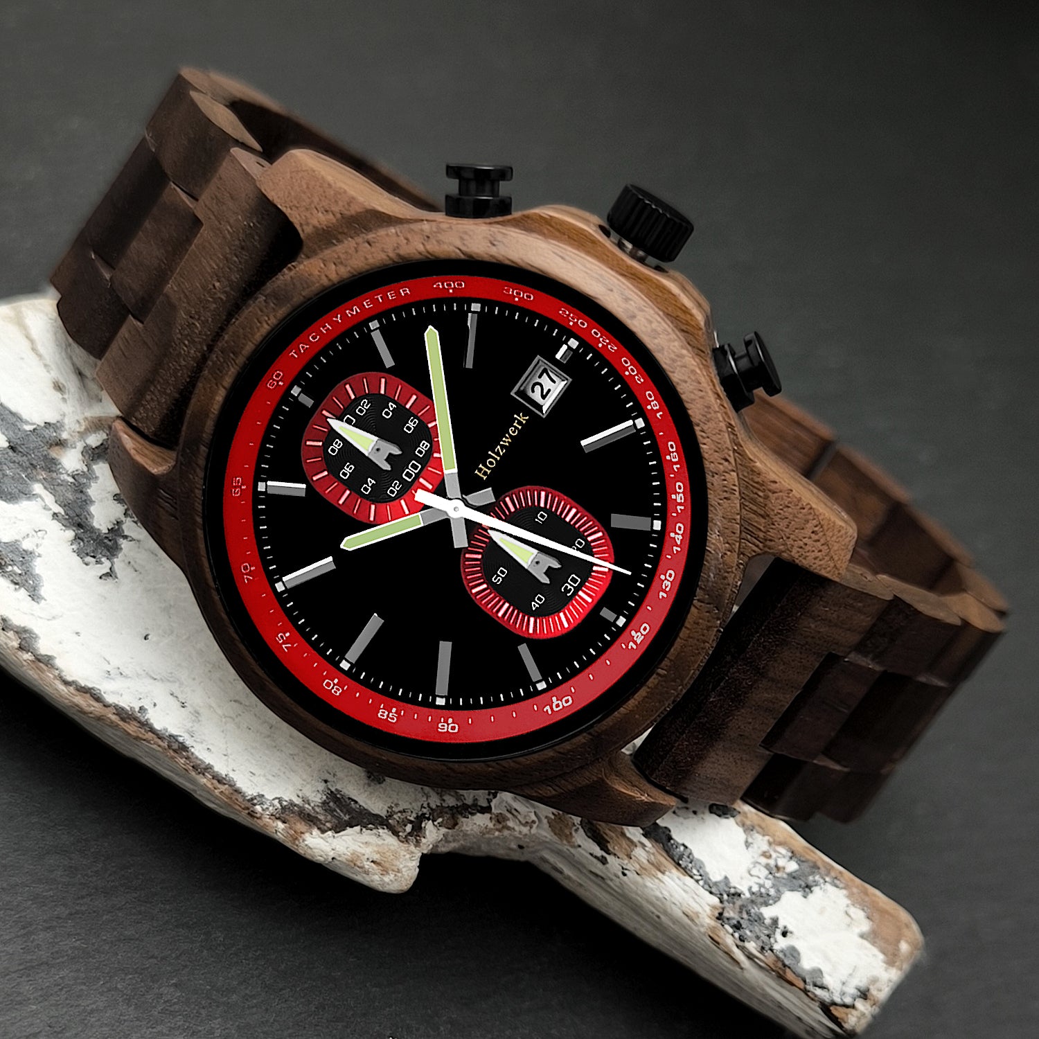 Holzwerk ROTENBURG Holz Uhr Chronograph mit Datum, schwarz, rot, links liegend